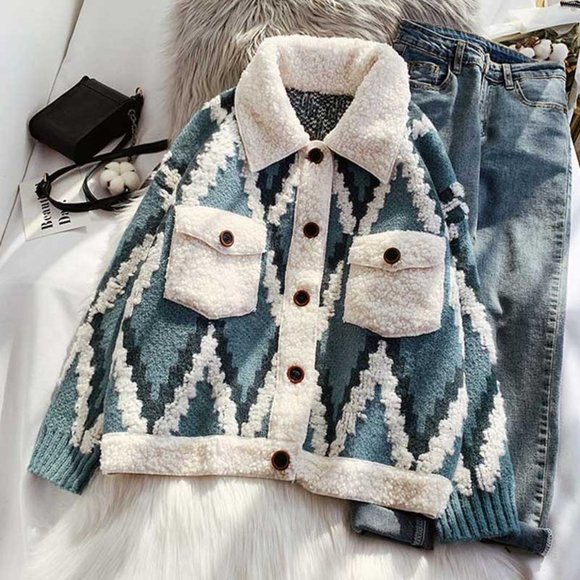 New Quilted Cardigan Sweater Coat / Women's Shacket Blue Western Boho Jacket - Picture 1 of 8